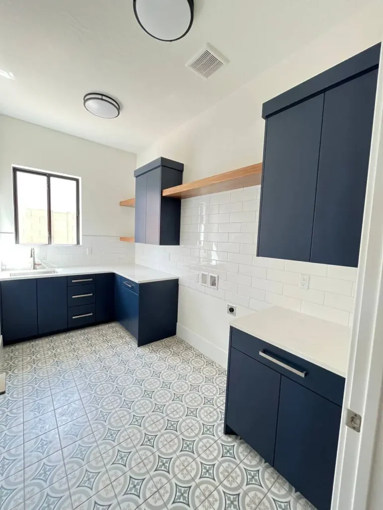 Blue Storage Cabinets and Brown Shelves
