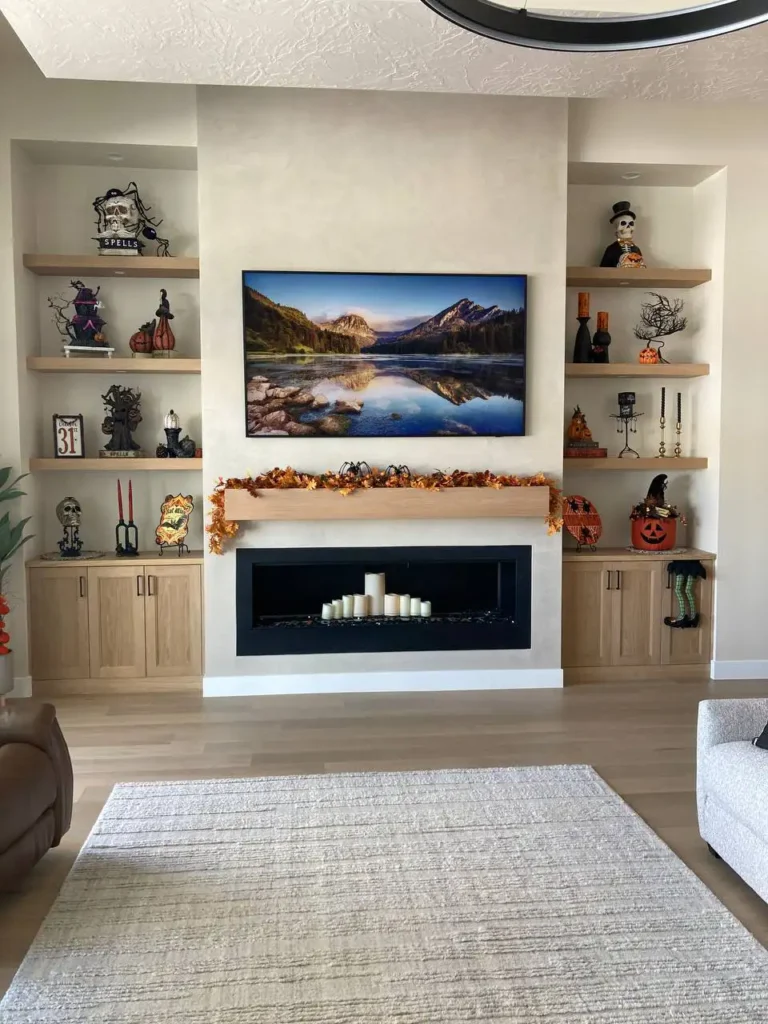 Brown Lower Cabinets, Mantel and Shelvings