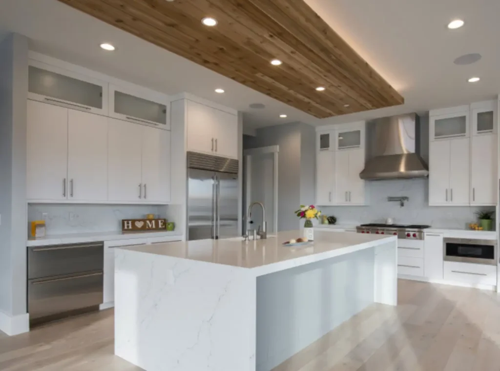 White Flat Panel Cabinets and Upper Open Frame Extra Storage